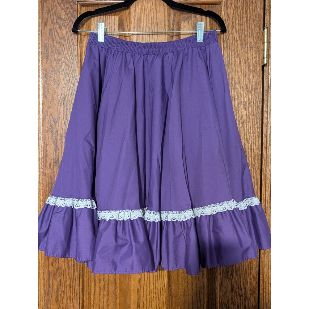 Malco Modes Purple Square Dance Skirt Tiered Ruffle Lace Trim M